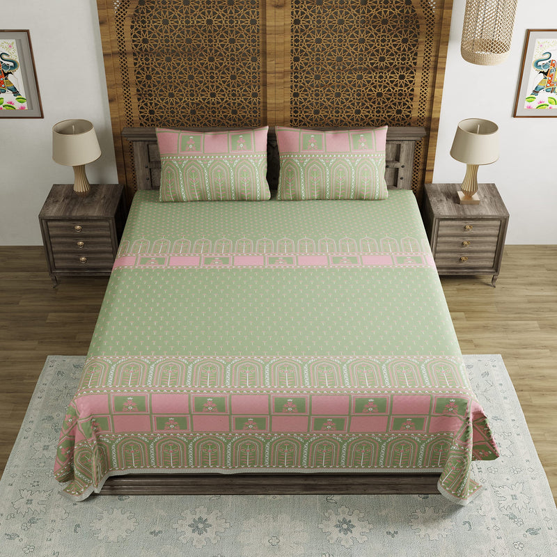 BLOCKS OF INDIA Hand Block Printed 200 TC Cotton Super King Size Bedsheet(106 x 106) (Discharge Green)