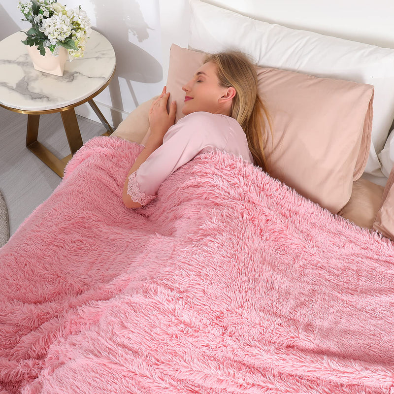 Decorative Extra Soft Faux Fur Blanket Queen Size 78" x 90",Solid Reversible Fuzzy Lightweight Long Hair Shaggy Blanket,Fluffy Cozy Plush Fleece Microfiber Fur Blanket for Couch Sofa Bed,Pink