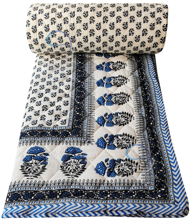 LushHavenDecor 400 TC Single Bed Jaipuri Razai Pure Cotton Jaipuri Rajai Ac Quilt for All Season Soft Breathable Rajasthani Cotton Quilt Comforter 55 x 85 inch Blue Booti Pack 1