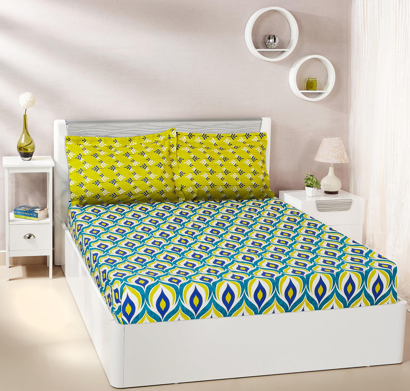 Amazon Brand - Solimo Natural Bounty 144 TC 100% Cotton King Bedsheet with Two Pillow Covers, Soft and Smooth (Peacock Feather, Teal and Mustard Yellow)