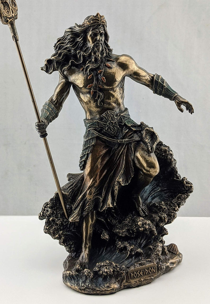 Veronese Design Resin Statues Greek God Poseidon Standing Over Crashing Waves Statue 6 X 10 X 3.75 Inches Bronze