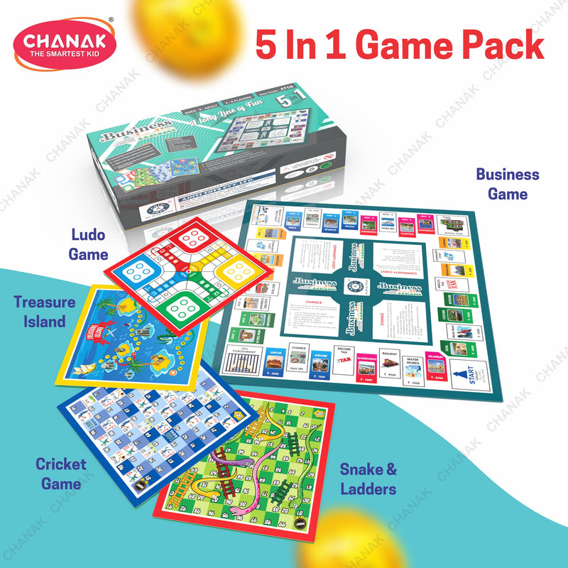 Chanak Business Game Board with Plastic Coins, 5 Fun Board Games in 1 for Kids & Adults Above 3 Years Includes Business, Ludo, Snakes & Ladders, Cricket and Treasure Island, BIS Approved