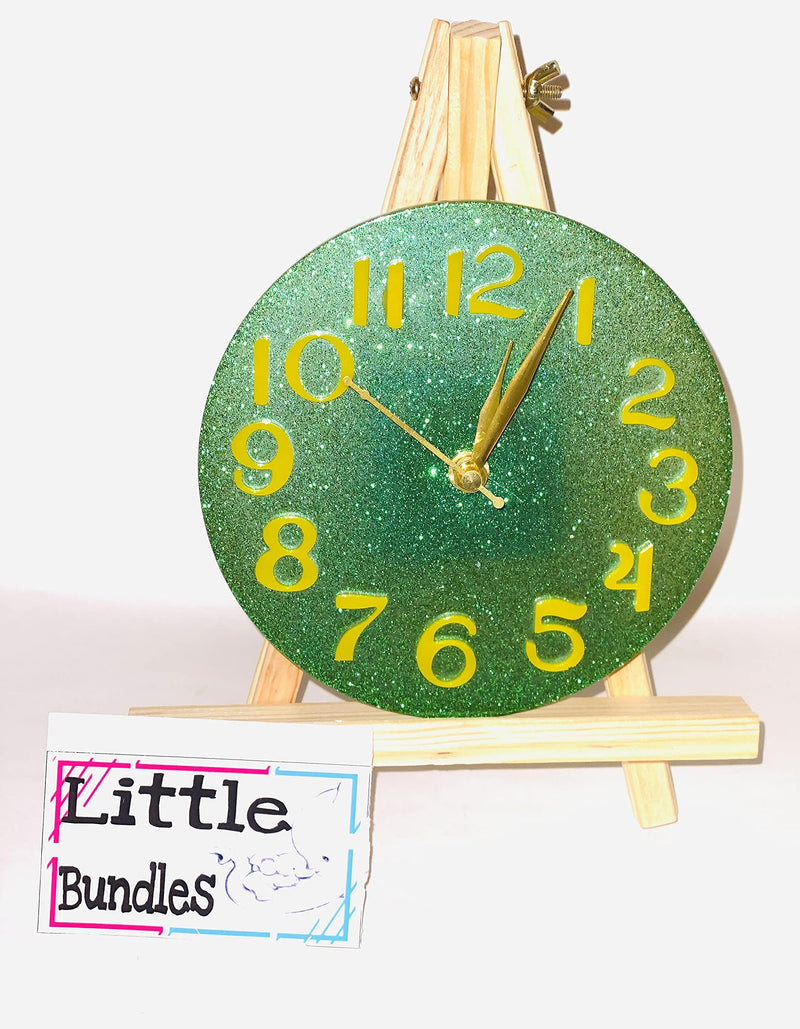 Little Bundles Table Clock with Wooden Stand - 6" (Sparkle Green)