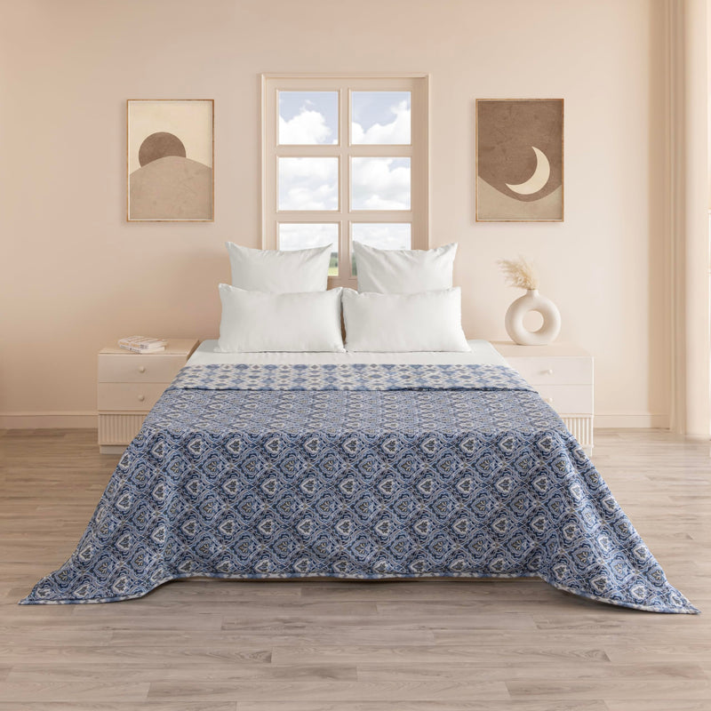 HOMEMONDE Dohar Single Bed Breathable 100% Cotton AC Blanket 54 x 84 Inch Geometric Printed Lightweight Blanket for All Season - (Blue & White, 137 x 213 CM)