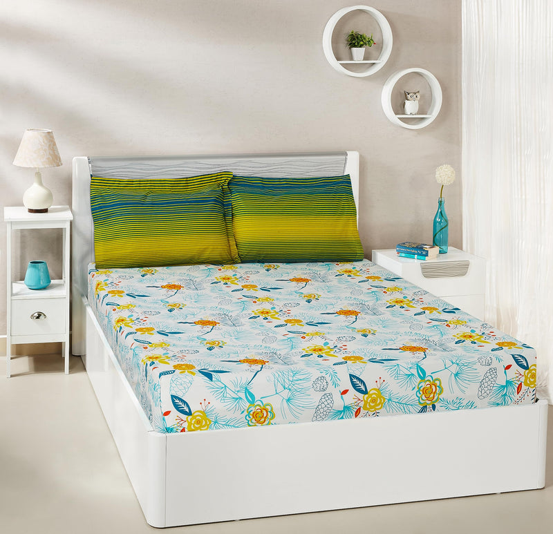 Amazon Brand - Solimo Unfold Comfort 144 TC 100% Cotton King Bedsheet with Two Pillow Covers, Soft and Smooth (Floral, Sea Green and Yellow)