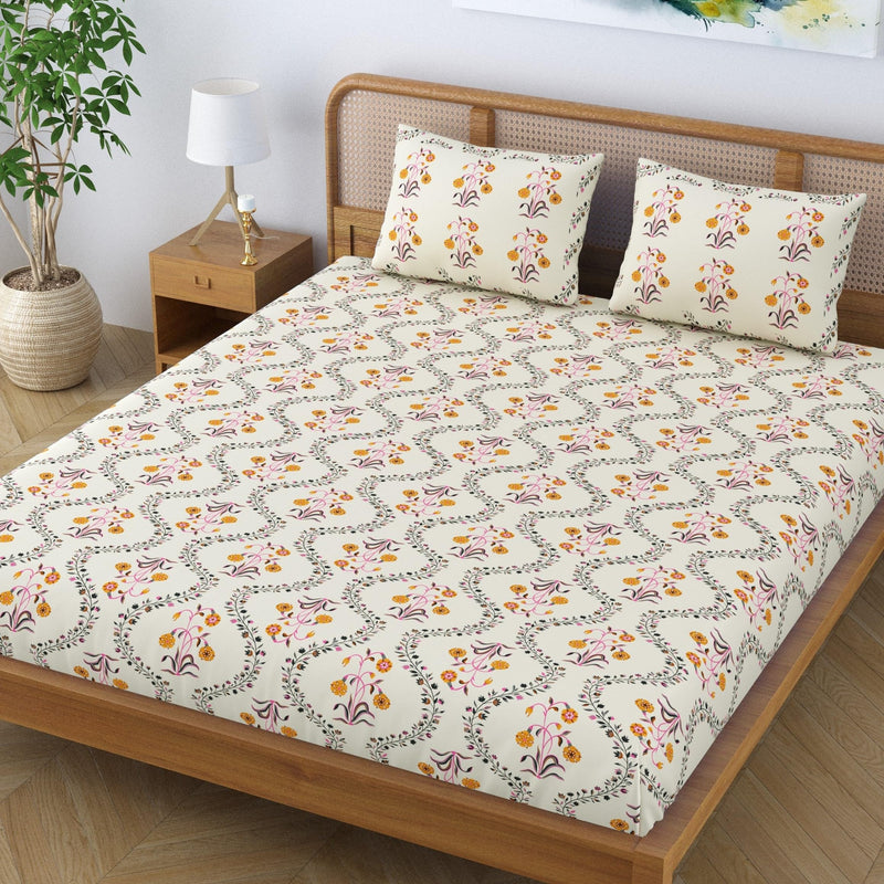 SheetKart Pure Cotton Floral Printed Jaipuri Bedsheet for Double Bed King Size with 2 Pillow Covers - Yellow Lily