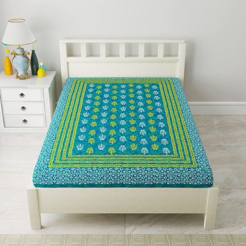 SheetKart 144 TC Motif Printed Jaipuri Cotton Single Bedsheet, Sea Green