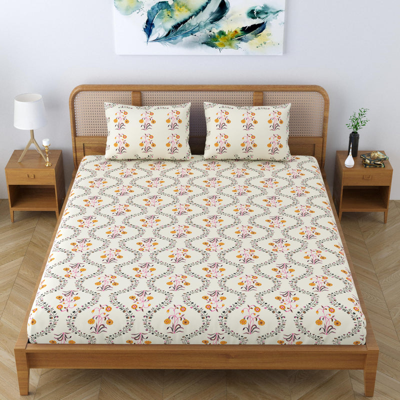 SheetKart Pure Cotton Floral Printed Jaipuri Bedsheet for Double Bed King Size with 2 Pillow Covers - Yellow Lily