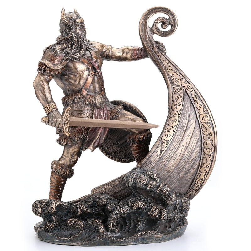 Veronese Design 9.5 Inch Norse Viking Warrior Standing On Long Ship Prow Antique Bronze Finish Statue