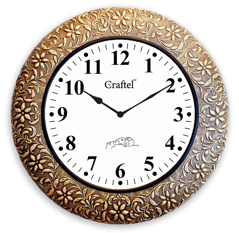 Craftel Brass Embossed Analog Clock Wall Clock Round Classic Clock for Living Room Home and Office (18 x 18 inch, Brown)