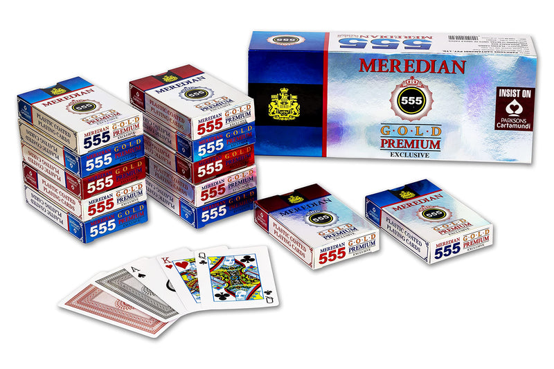 Meredian 555 Gold Premium Exclusive Meredian 555, Paper Playing Cards, Bridge Size, Regular Index, Red & Black, Pack of 12 for Adult