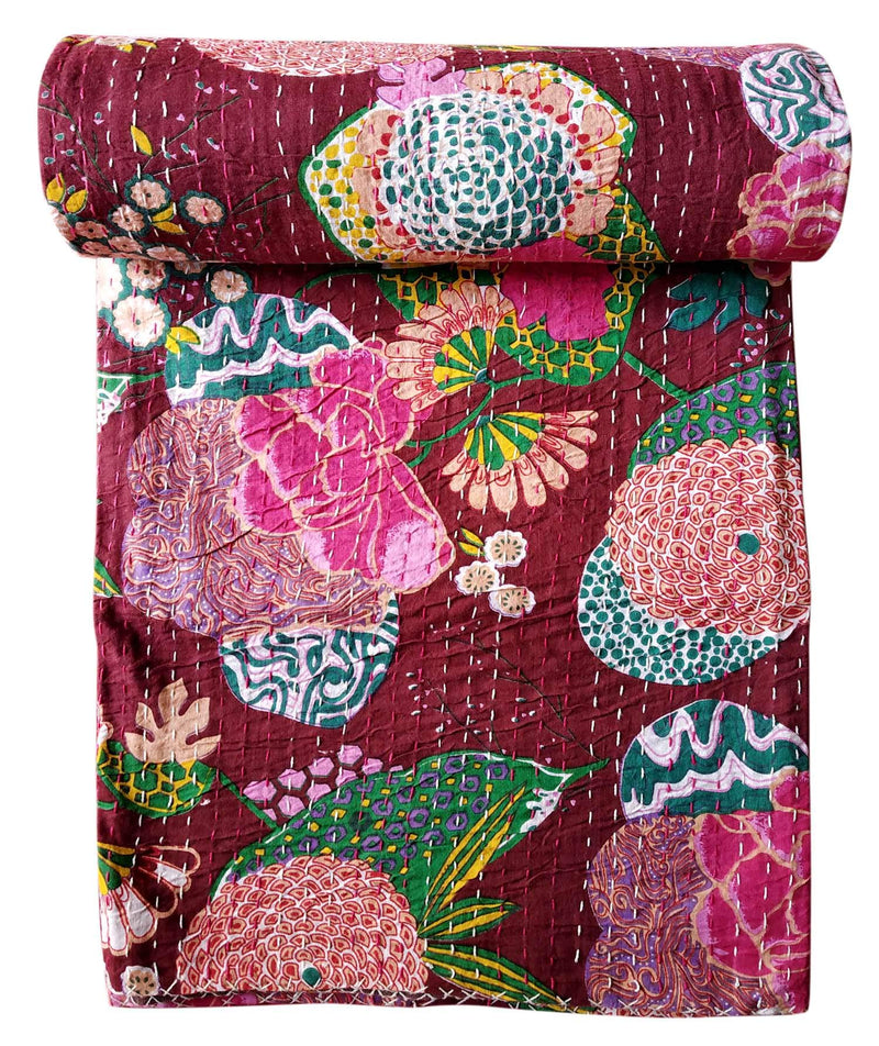 Kirti Textile and Handicraft Rajasthani Floral Printed Handmade Throw Cotton Twin Size Kantha Blanket (Multicolour, 60x90 Inch)