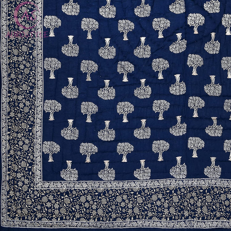 Woodsy Jaipuri Razai Rajasthani Traditional Tree Golden Print Soft Light Weight Pure Cotton Winter and Summer Rajai Ac Quilt Razai/Rajai/Quilt/Blanket/Dohar/Comforter (Single Bed, Set Of 2, Blue Tree)