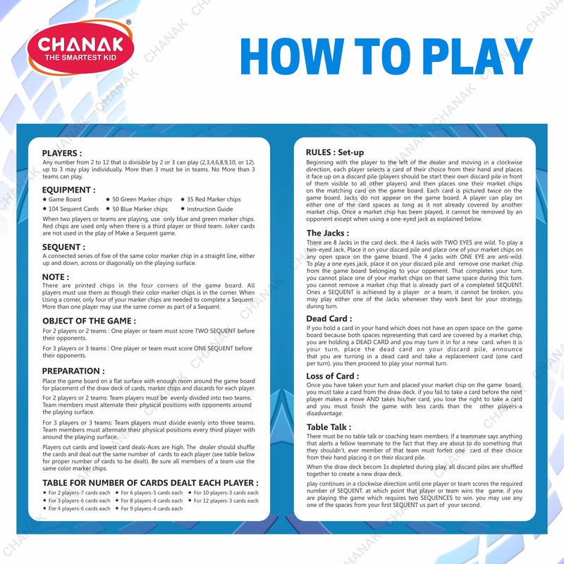 Chanak Make A Sequent Board Game, Sequence Board Game, Strategy & Logic Challenging Game with Foldable Board, Plastic Chips & Cards, for Kids Above 7 Years (BIS Approved).