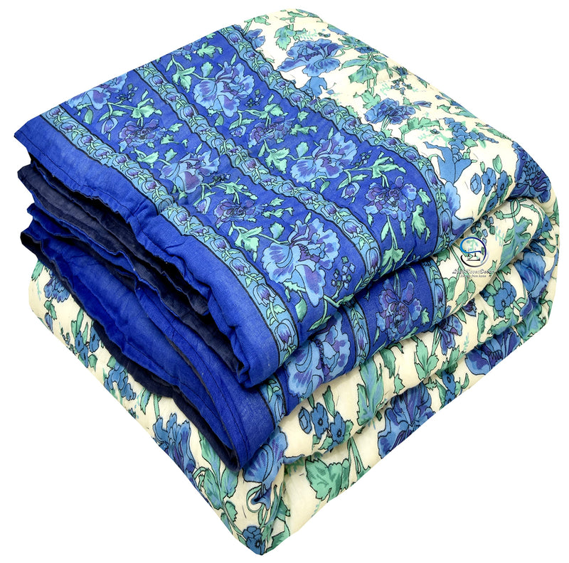 HASHIREX 300 TC Single Bed Organic Cotton Jaipuri Razai Bed Blanket Ac Quilt for Winter and Summer Soft Light Weight Rajasthani Traditional Rajai Cotton Comforter 85 x 55 inch Blue, Pack of 1