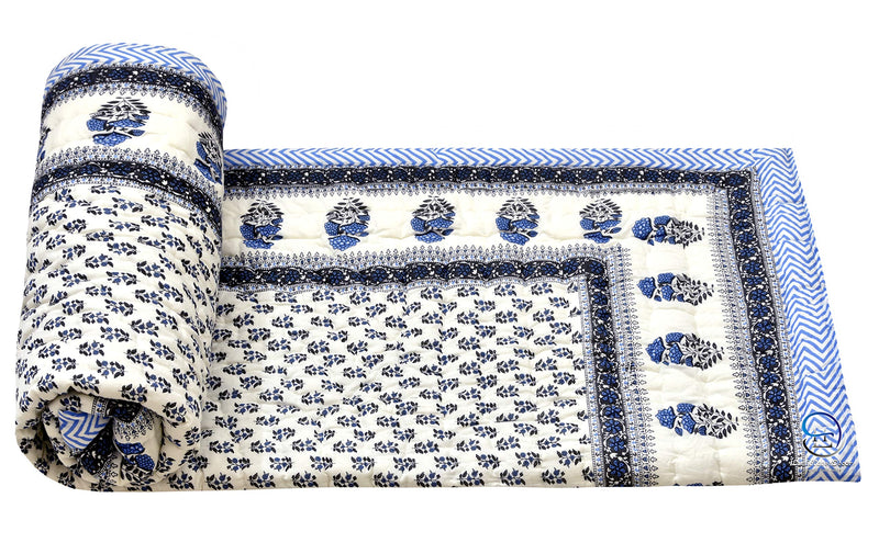 LushHavenDecor Traditional Rajasthani Jaipuri Sanganeri Block Printed Handmade Cotton Printed/Razai/Quilt, Single Bed (Blue and White)