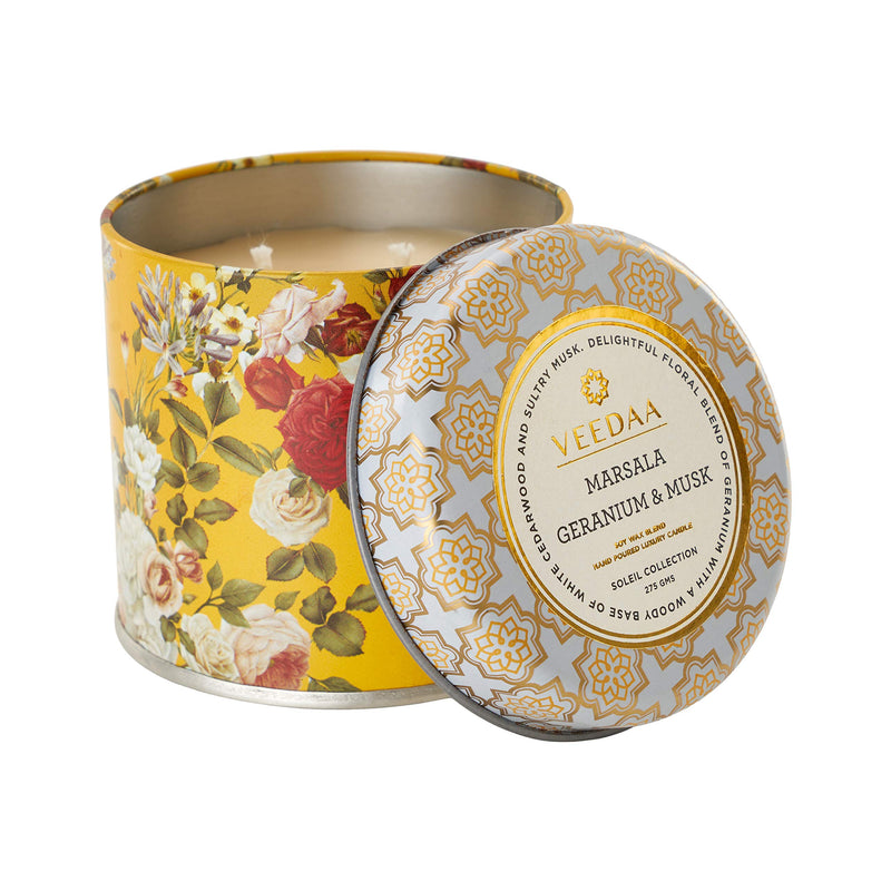 VEEDAA Marsala Geranium & Musk Mason Tin Soy Wax Scented Candle (Burns 25 hours)