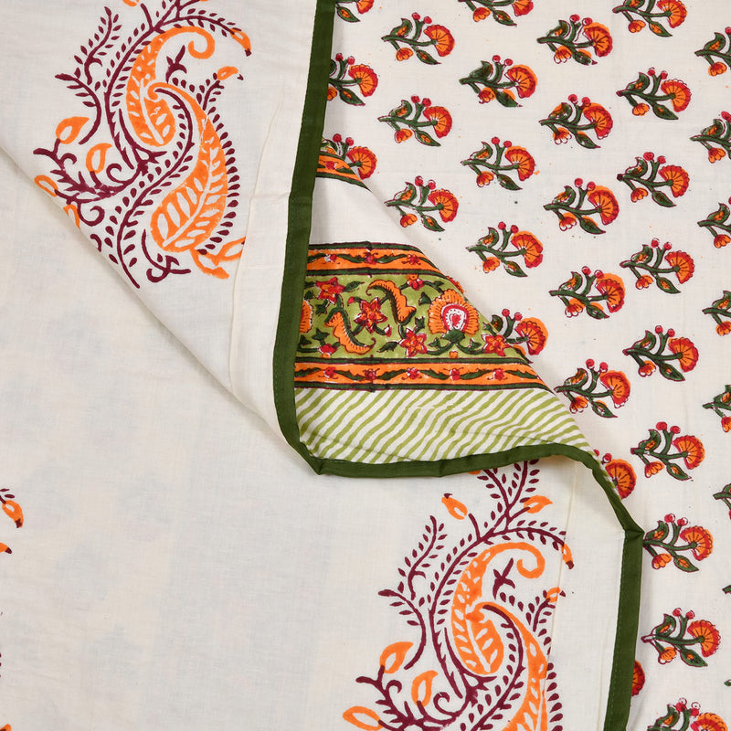 BLOCKS OF INDIA Hand Block Printed Cotton Single Size Reversible Malmal Dohar For Summer (Orange Buti), 300 TC