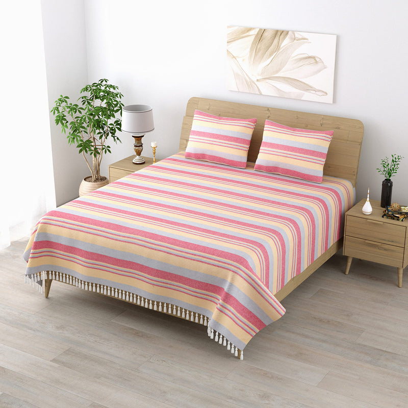 Värde 210 TC Kerala Double Bedsheet with 2 Pillow Cover | Handloom Cotton Bedsheets for Double Bed | Woven Striped Bedcover | All Season | Size 240cmx220cm Pillow 68cmx43cm | Muted Pink