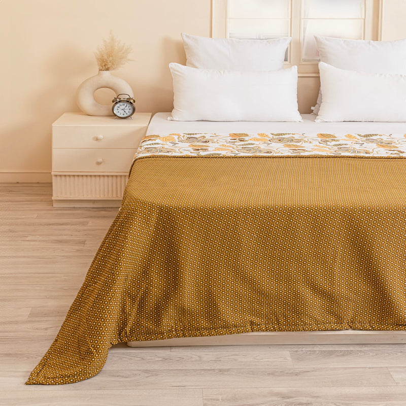 HOMEMONDE Premium Cotton Double Bed Dohar Reversible AC Dohar Blanket, Printed & Skin Friendly Quilt - (Dark Camel & White - 84 x 94 Inches)