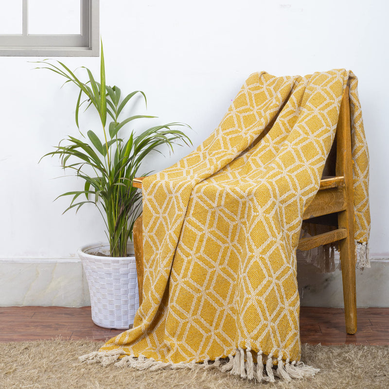 Cazimo Soft 100% Cotton Throw with Fringe Tassels for Bedroom/Living Room/Drawing Room || Summer Collection Throw Blanket for Sofa/Bed/Couch/Chair || 50 x 60 inches, Yellow