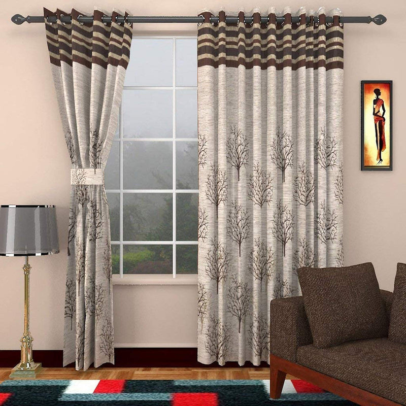 HOME UTSAV 2 Piece Jute Floral Blackout Heavy Jacquard Tree Curtains For Long Door 9 Feet, Brown, Opaque