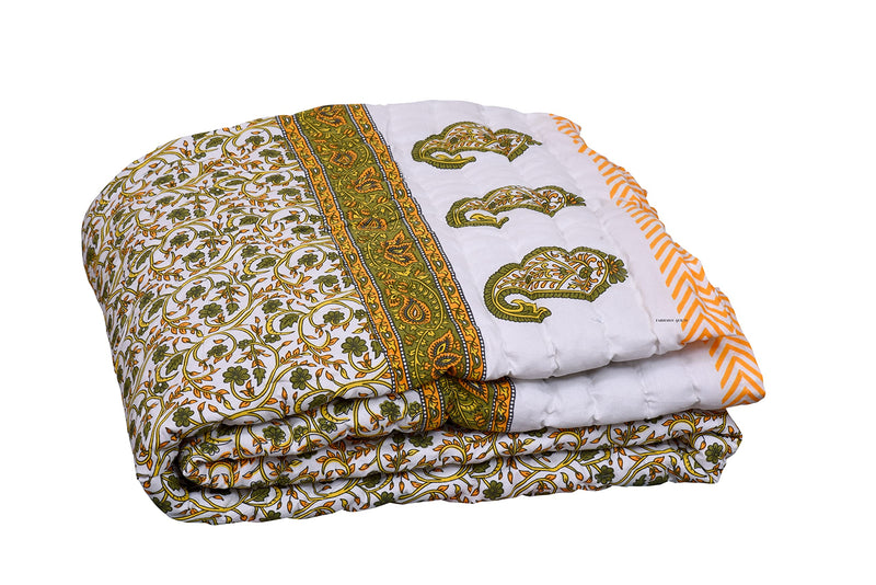 FABDESIGN QUILTS 400 TC Jaipuri Light Weight Pure Cotton Traditional Rajasthani Print Color Yellow Buta Quilt/Razai/Rajai (Single Bed - Set of 1)