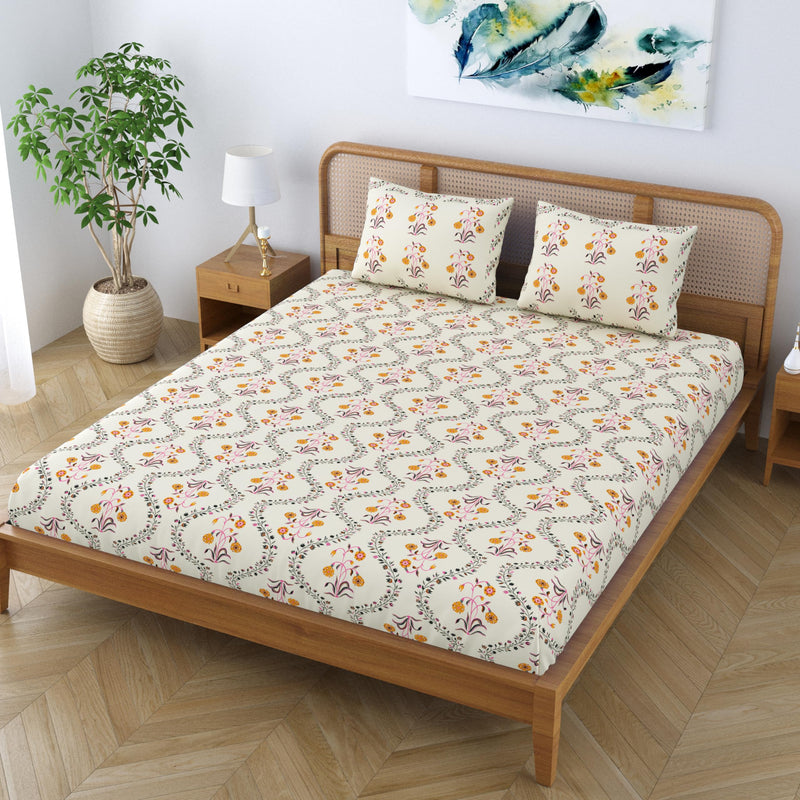 SheetKart Pure Cotton Floral Printed Jaipuri Bedsheet for Double Bed King Size with 2 Pillow Covers - Yellow Lily