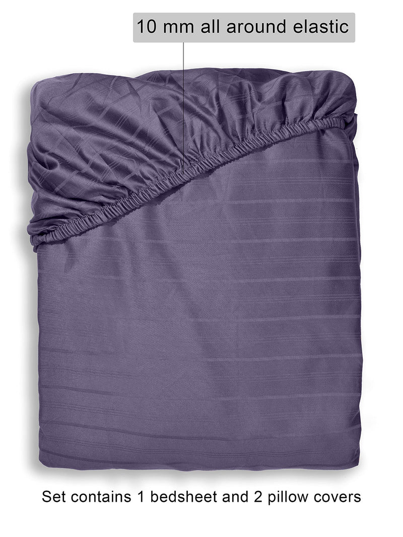 Livonti 100% Cotton Satin 600 Tc Stripes King Size Fitted Bedsheets with All Around Elastic and 2 Pillow Cover | 78x72 inch - Purple Sage