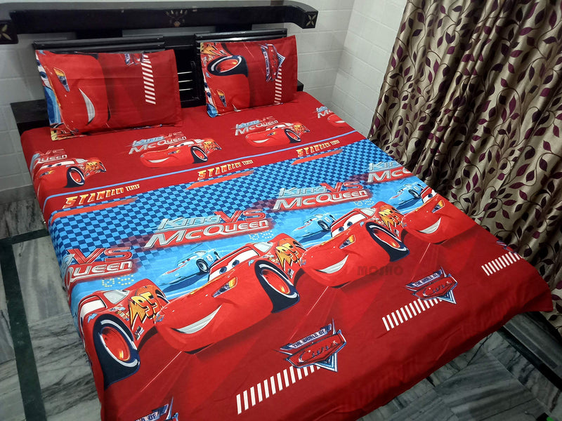 CAIRO Polycotton Kids Cartoon Bedsheet for Double Bed with 2 Pillow Covers, Cars Print, Loose PVC Pack