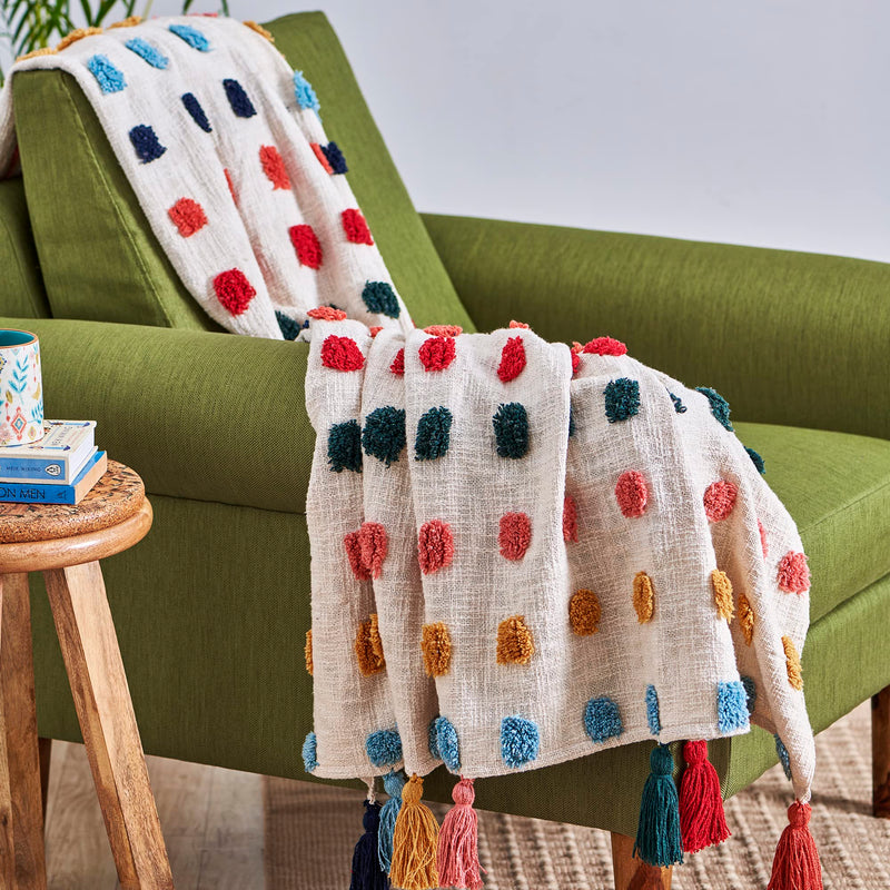 Chumbak Rainbow Tassel Throw- Ivory