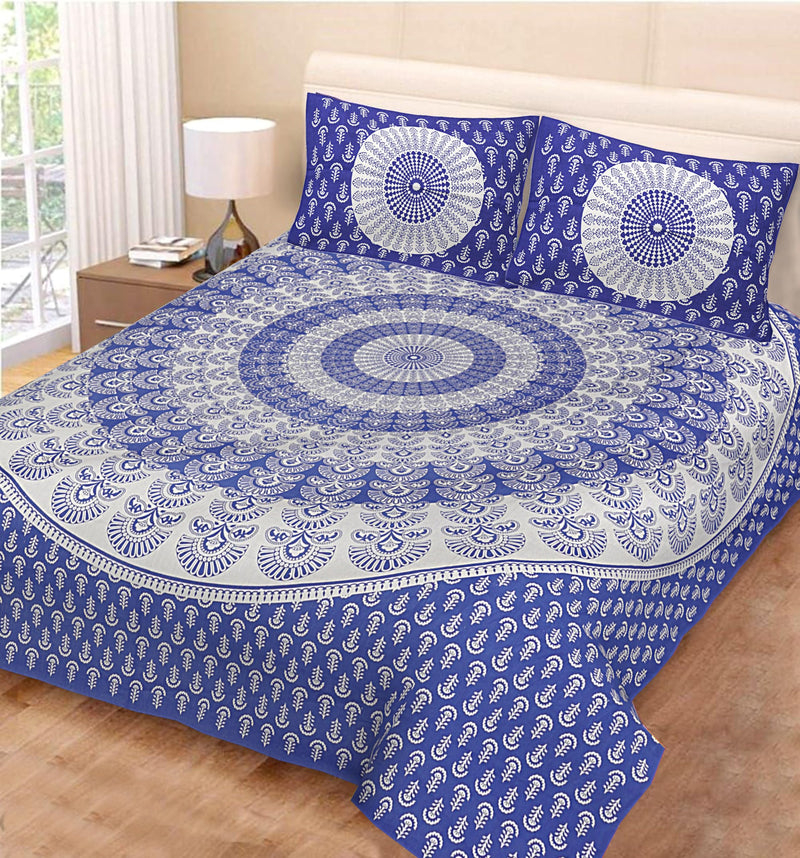 JAIPUR PRINTS 100% Cotton Traditional Floral Jaipuri Printed Bedsheet for Double Bed King Size with 2 Pillow Covers - Blue001