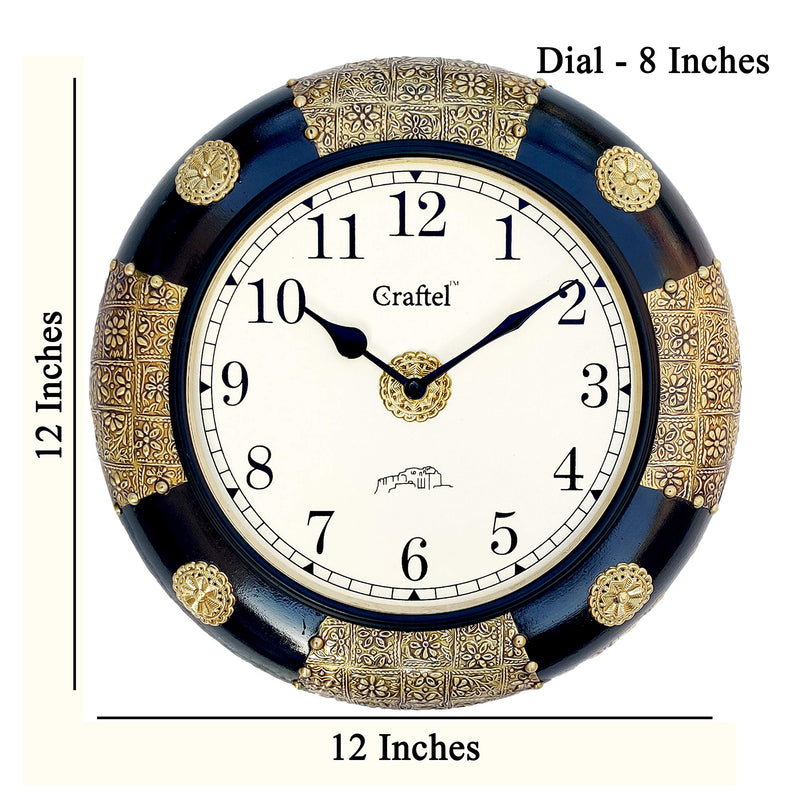 Craftel 12 Inch Brass Fitted Black Polished Wall Clock Antique Decorative Clock with Dome Glass for Living Room Home and Office (Antique Gold, Dial: 8 Inch)