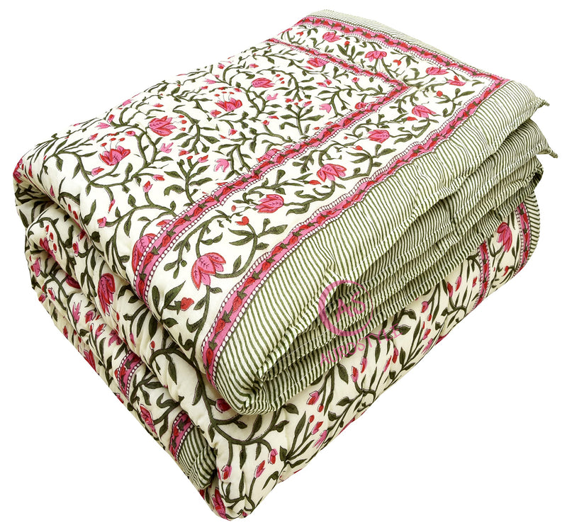 AUROSTYLE 400 TC Pure Cotton Double Bed Soft Jaipuri AC Quilt/Razai/Rajai Floral Print,Jaipuri razai Double Bed for Winter Printed,( Pink & Green, 85 x 100 inch, Double Bed), breathable