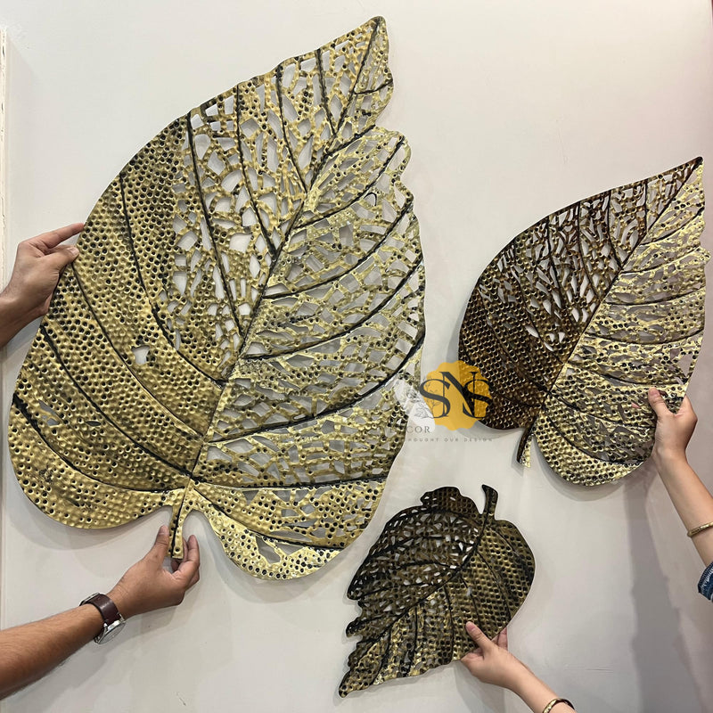 SNS Decor Metal Leaf (Set of 3) Brass Antique Finish Wall Art Decorations | Perfect 3D Wall Sculpture for Living Room, Bedroom, Drawing Room & Office