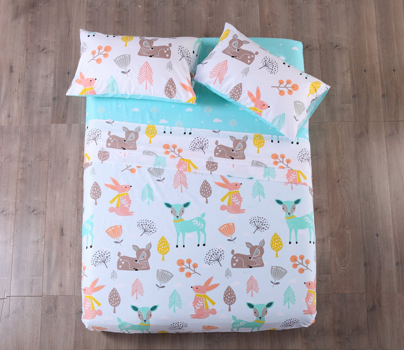 Queen Linens Queen Linens 100% Cotton Sheets Kids Full Sheets for Kids Girls Boys Teens Children Sheets Bed Sheets for Kids Soft Fitted Flat Printed Sheet Pillowcase Bedding Bed Set Animal Deer (Full)