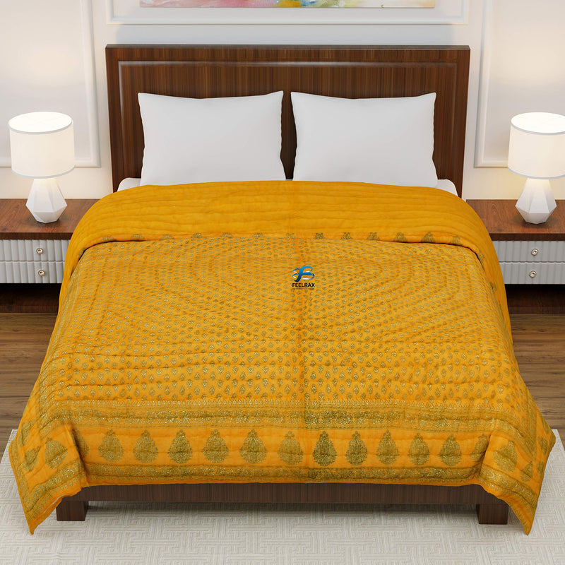 Woodsy Jaipuri Razai Rajasthani Traditional Double Bed Pure Cotton Winter and Summer Rajai (Yellow)