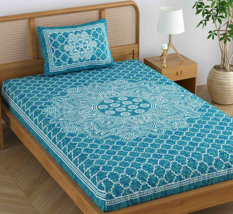 Colorish 120 TC Cotton Blend Mandala Jaipuri Printed Bedsheet for Single Bed with 1 Pillow Cover, Sea Green