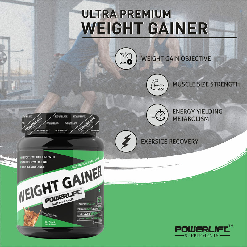 PowerLift Weight Gainer Protein Powder (1KG Chocolate) 390K Energy, 75G Carbs| High Protein & High Calorie Protein Powder for weight gain men and women use | Raw Whey from USA | With Digezyme