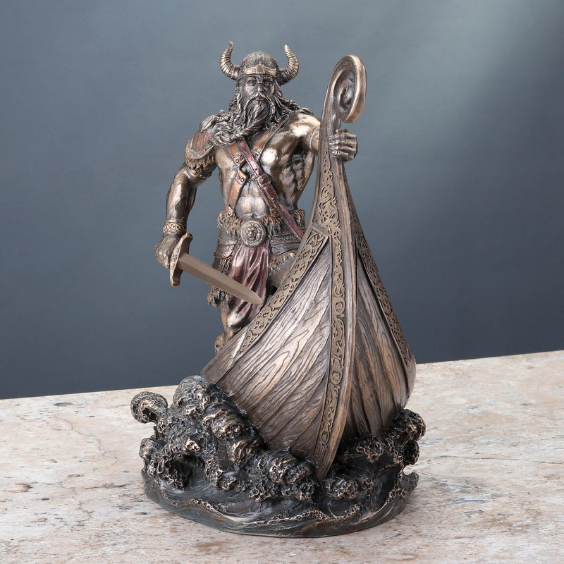 Veronese Design 9.5 Inch Norse Viking Warrior Standing On Long Ship Prow Antique Bronze Finish Statue