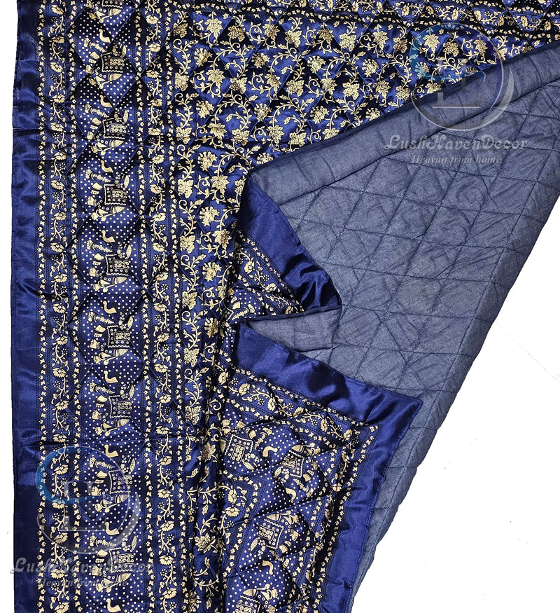 LushHavenDecor Rajasthani Cotton Filled Lightweight Silk Single Bed Jaipuri Razai Soft AC Quilt with Gold Print Blankets for Home (Size 55X85 inch), Blue