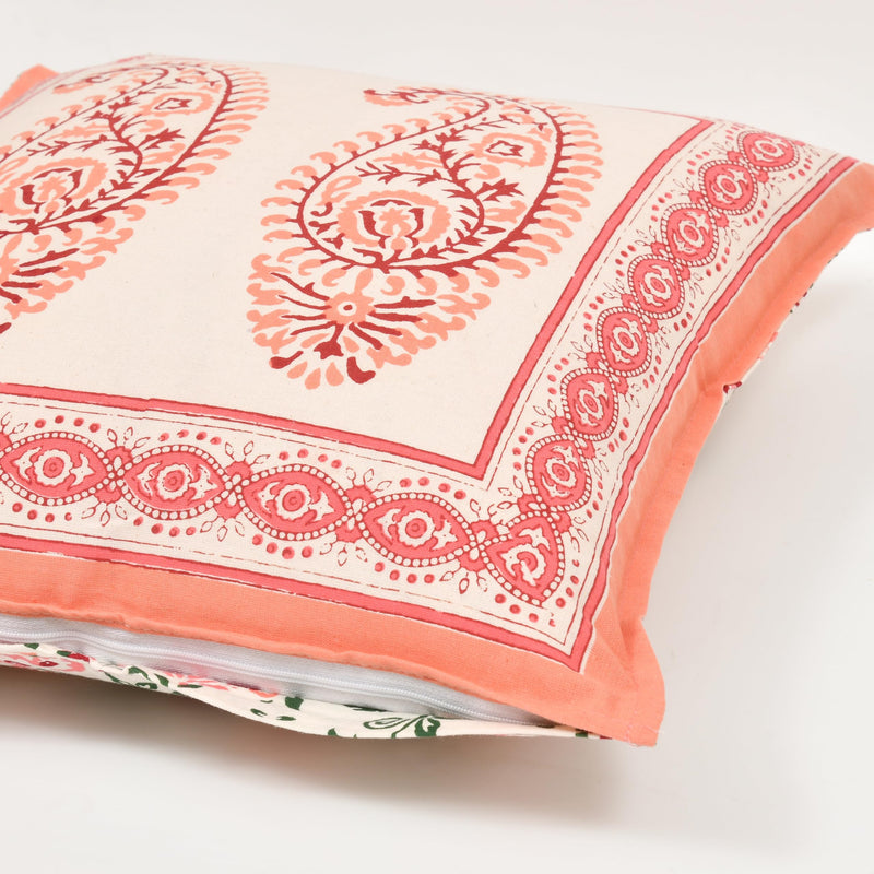 BLOCKS OF INDIA Hand Block Printed Cotton Cushion Cover (16 X 16 Inches) (5, Peach Paisley), 250 TC