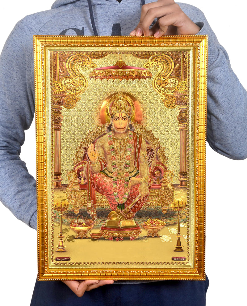 Amazon Brand - Umi. Gold Foil Ram Bhakt Pawan suth Bajrang Bali Hanumanji Poster with Frame, Length : 20 inch