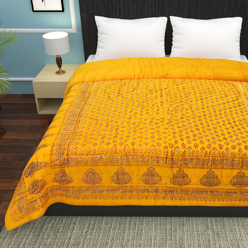 HANUMANT Jaipuri Razai | Organic | Pure Cotton| Sanganeri Print Ac Quilt for All Season Soft, Light Weight Rajasthani Cotton Quilt Single Bed (Yellow Beauty, Double Bed)