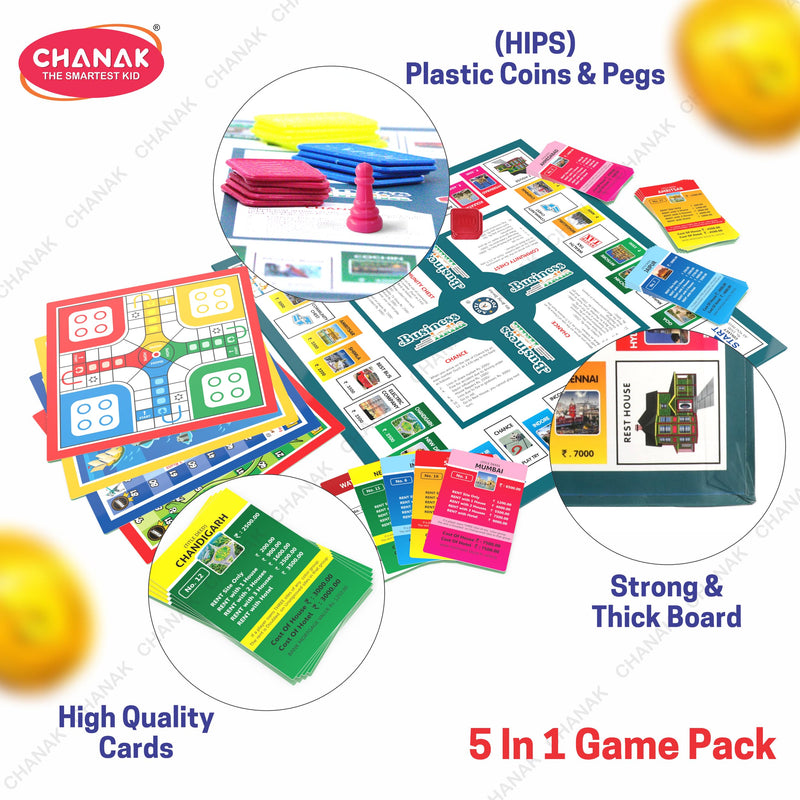 Chanak Business Game Board with Plastic Coins, 5 Fun Board Games in 1 for Kids & Adults Above 3 Years Includes Business, Ludo, Snakes & Ladders, Cricket and Treasure Island, BIS Approved