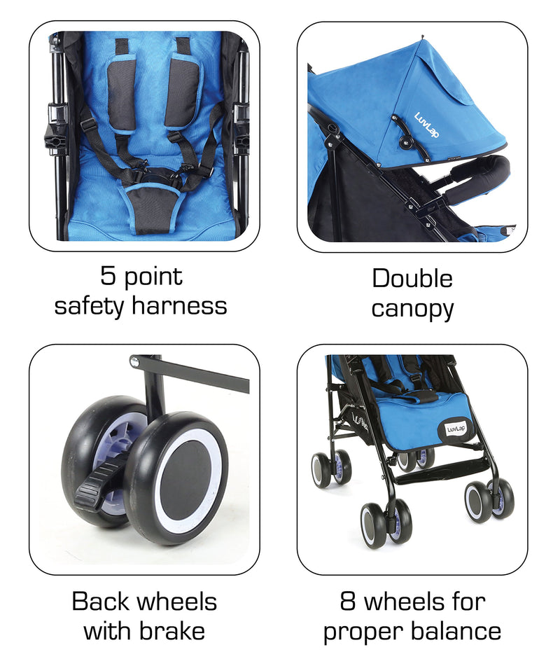 LuvLap City Baby Stroller / Buggy, Compact & Travel friendly baby pram, for Baby & Kids, 6-36 Months, with 5 point safety harness, adjustable seat recline, extendable canopy, 15Kg capacity (Blue)