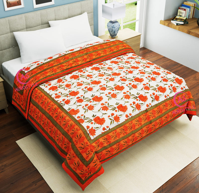 AUROSTYLE 400 TC Pure Cotton Double Bed Soft Jaipuri AC Quilt/Razai/Rajai Floral Print,Jaipuri razai Double Bed for Winter Printed,(White & Orange, 85 x 100 inch, Double Bed)