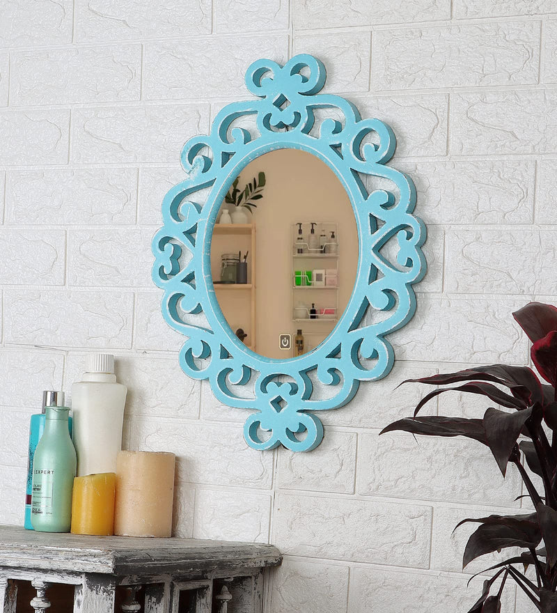 THE URBAN STORE Decorative & Hand Crafted Wooden Wall Mirror in Diatressed Blue Finish (45 x 35 cm)