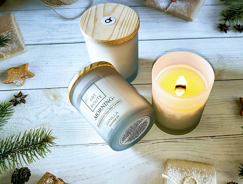 Art Route Crackling Wood Wick Aromatherapy Candle Hand Poured with Organic Soy Wax and Vanilla Essential Oil in Frosted Glass Jar (Burning time up to 38 hrs)