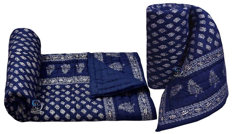 LushHavenDecor Jaipuri Traditional Cotton razai/rajai/ac Blanket with sanganeri Gold Print Single Bed Quilt Blanket Boarded Pattern Blue 55 x 85 inch Set of 2